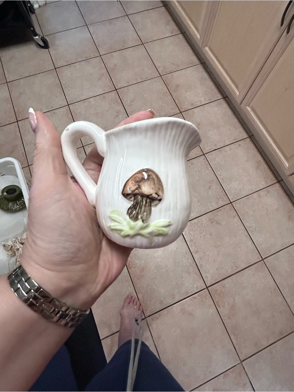 Cream Ceramic Pitcher with Brown Mushroom Accent